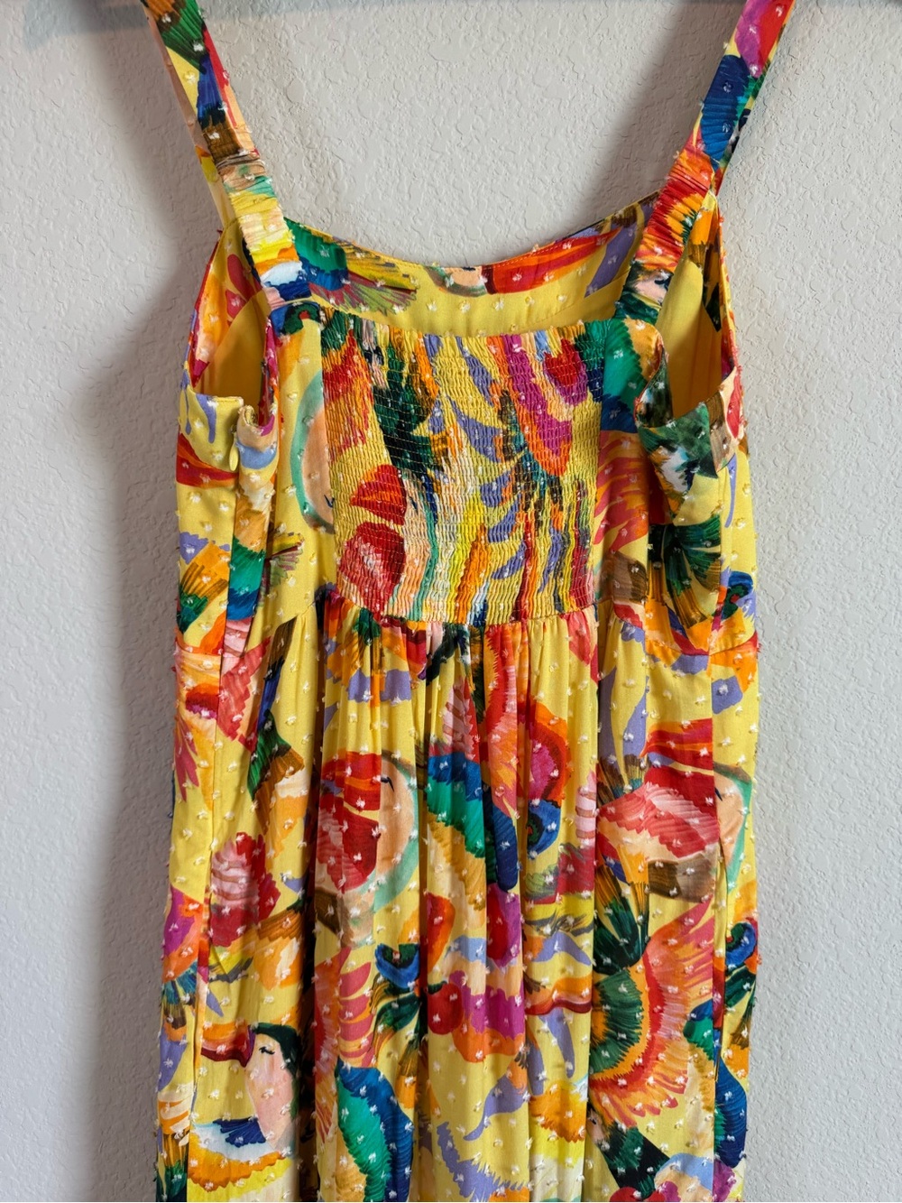 Farm Rio Toucan Yellow Swiss Dot Textured Tropical Tiered Maxi Dress Size Small - Picture 10 of 11
